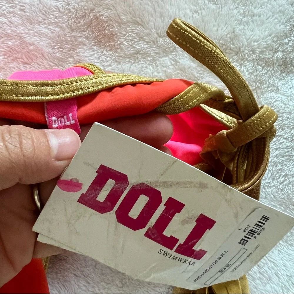 Doll Swimwear Corral and gold trim fringes scrunch butt two piece set